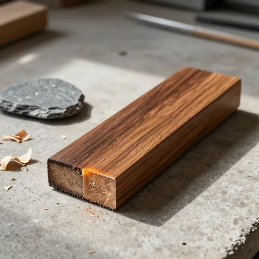 Iroko batten met vers gezaagde kopse kanten, krullen en een leigrijze steen op beton.