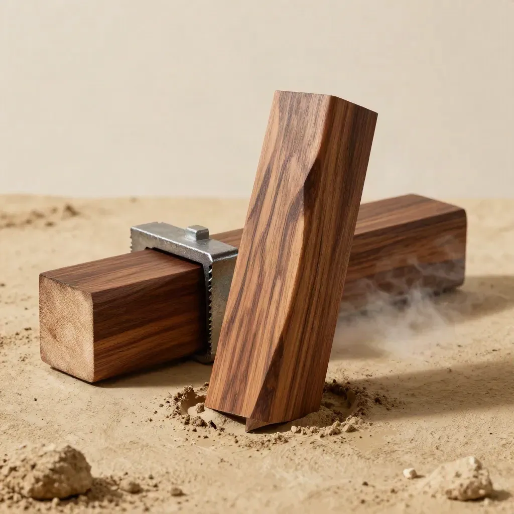 Hardhouten paalpunt met twee offcuts en stalen beugel op vochtige klei in studioverlichting.