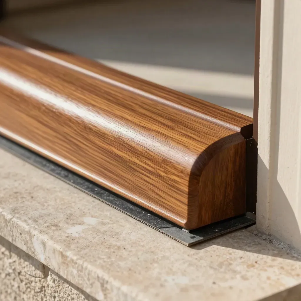 Close-up van een iroko dorpel met steenwiggen en waterdicht membraan bij een deuropening.