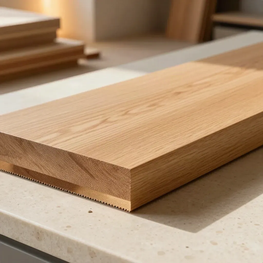 Hardhouten kantplank op travertin met twee houten strips en een kleine steensplinter